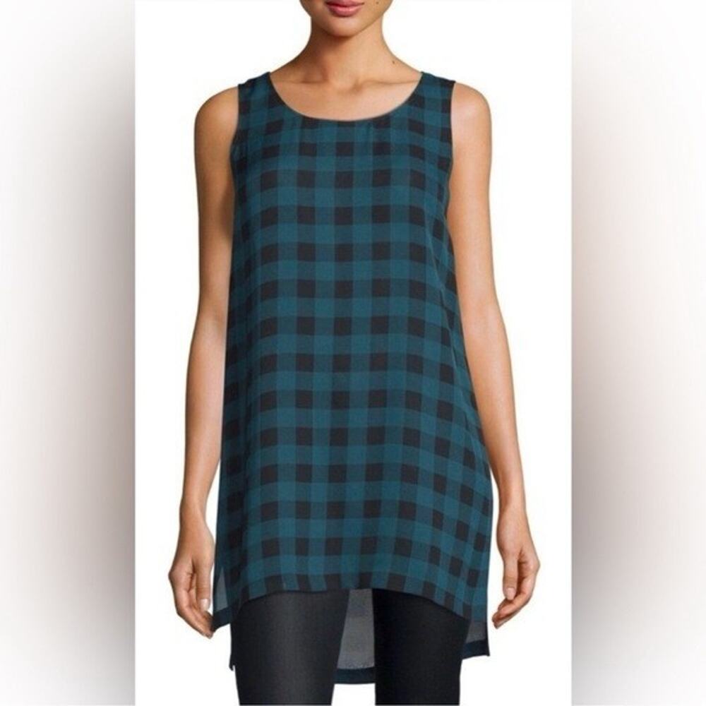 Eileen Fisher 100% Silk Tunic Sz PL Blue Black Buffalo Check Relaxed Lightweight